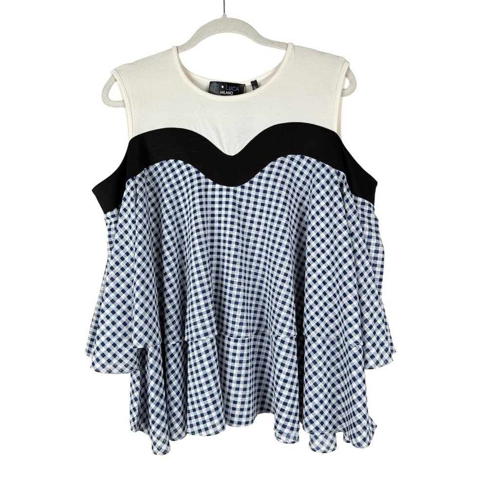 P. Luca Milano Women's Off‎ The Shoulder Gingham Tiered Ruffle Blouse Size L NEW
